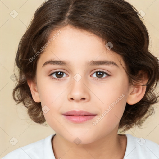 Joyful white child female with medium  brown hair and brown eyes