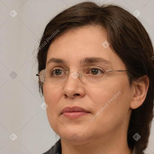 Neutral white adult female with medium  brown hair and brown eyes