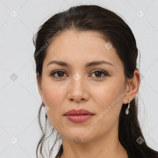 Joyful white young-adult female with long  brown hair and brown eyes