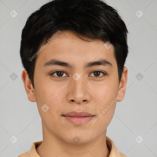 Joyful asian young-adult male with short  brown hair and brown eyes