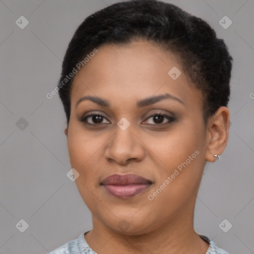 Joyful latino young-adult female with short  brown hair and brown eyes