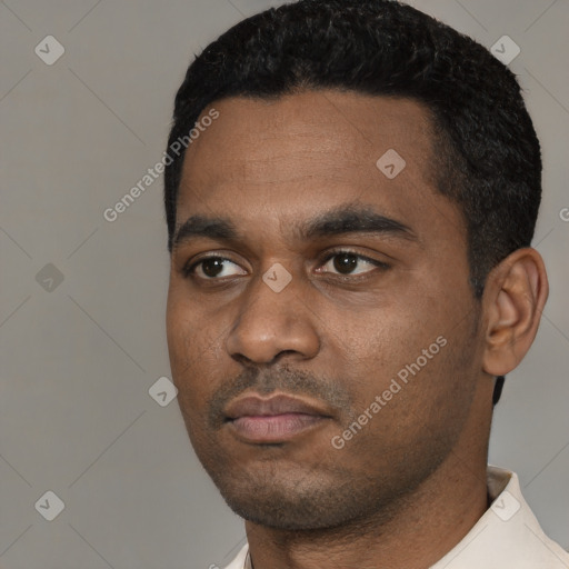 Neutral black young-adult male with short  black hair and brown eyes