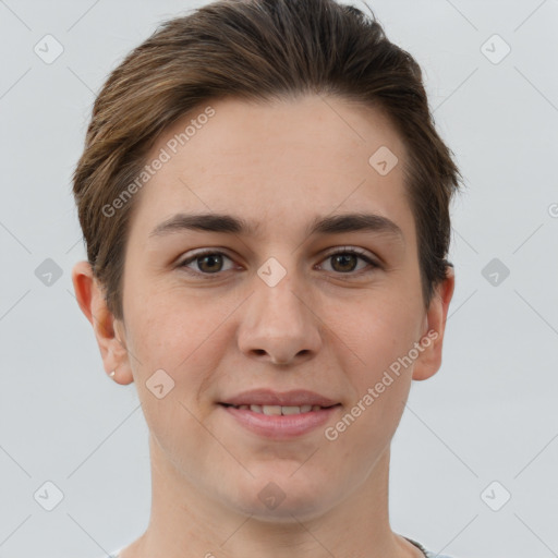 Joyful white young-adult female with short  brown hair and brown eyes