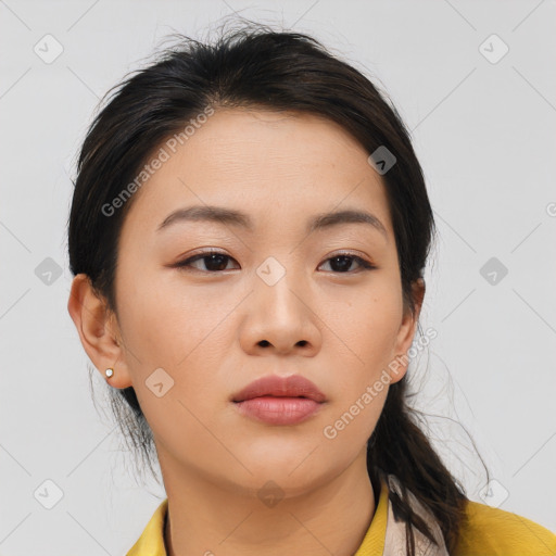 Neutral asian young-adult female with medium  black hair and brown eyes