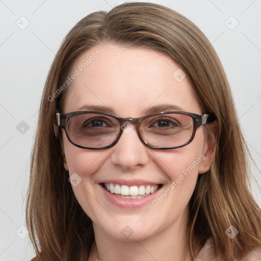 Joyful white young-adult female with long  brown hair and blue eyes