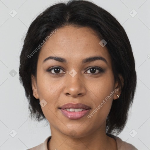 Joyful latino young-adult female with medium  brown hair and brown eyes