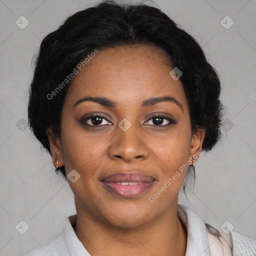 Joyful black young-adult female with medium  black hair and brown eyes