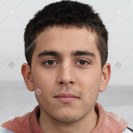 Neutral white young-adult male with short  brown hair and brown eyes