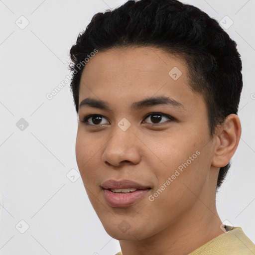 Joyful asian young-adult female with short  black hair and brown eyes