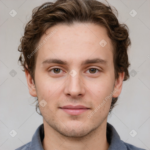 Neutral white young-adult male with short  brown hair and grey eyes