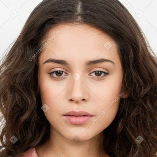 Neutral white young-adult female with long  brown hair and brown eyes