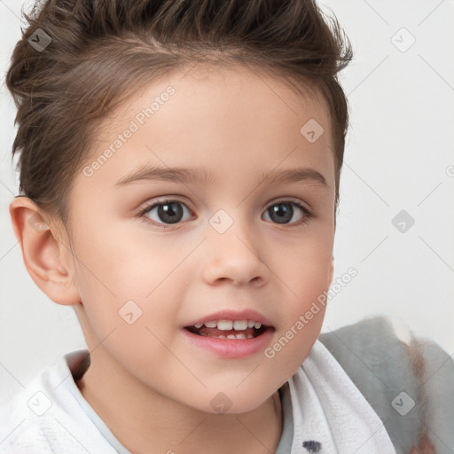 Joyful white child female with short  brown hair and brown eyes