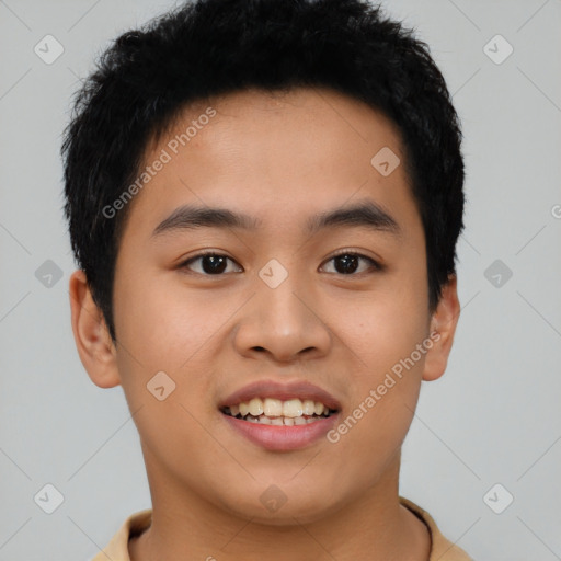 Joyful asian young-adult male with short  black hair and brown eyes