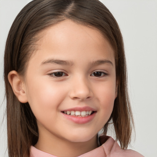 Joyful white child female with medium  brown hair and brown eyes