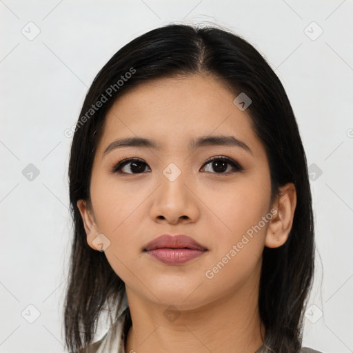 Neutral asian young-adult female with medium  black hair and brown eyes