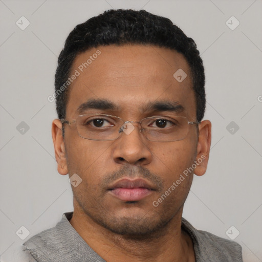 Neutral latino young-adult male with short  black hair and brown eyes
