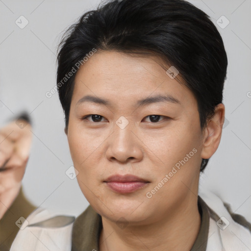 Joyful asian young-adult female with short  brown hair and brown eyes