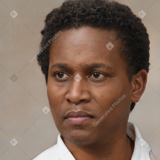 Neutral black adult male with short  brown hair and brown eyes