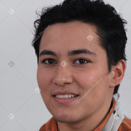 Joyful white young-adult male with short  black hair and brown eyes