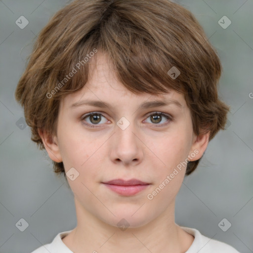 Neutral white young-adult female with medium  brown hair and green eyes