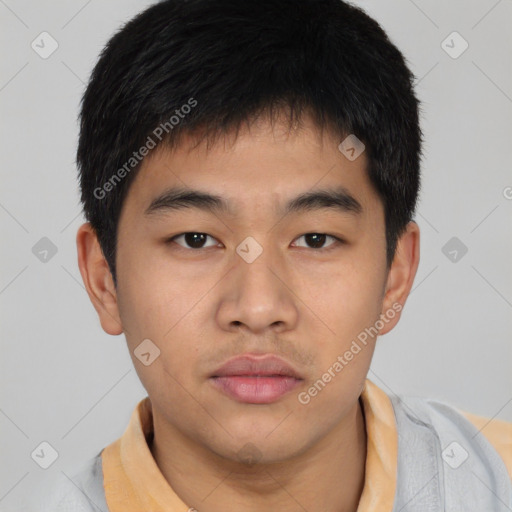 Neutral asian young-adult male with short  brown hair and brown eyes