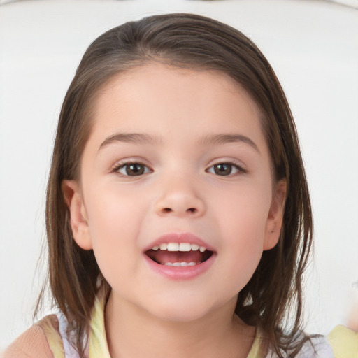 Joyful white child female with medium  brown hair and brown eyes