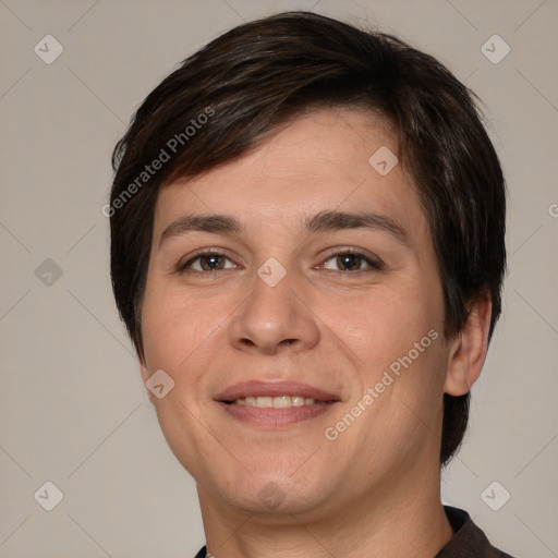 Joyful white adult female with short  brown hair and brown eyes