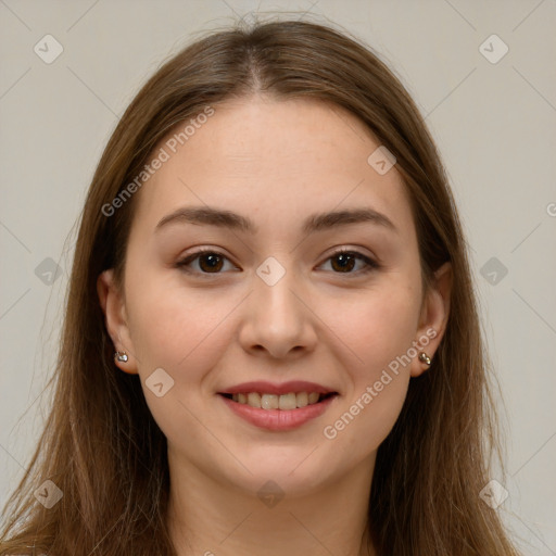 Joyful white young-adult female with long  brown hair and brown eyes