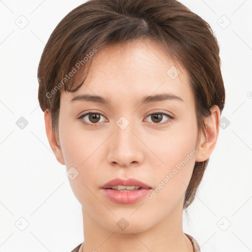 Neutral white young-adult female with short  brown hair and brown eyes