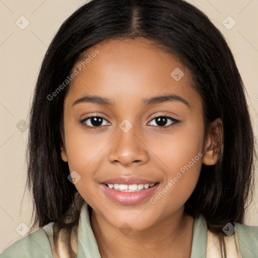 Joyful latino young-adult female with long  brown hair and brown eyes