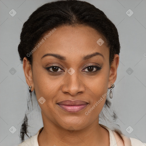 Joyful latino adult female with short  brown hair and brown eyes