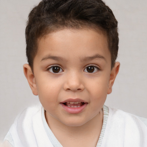 Joyful white child female with short  brown hair and brown eyes