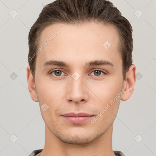 Neutral white young-adult male with short  brown hair and brown eyes