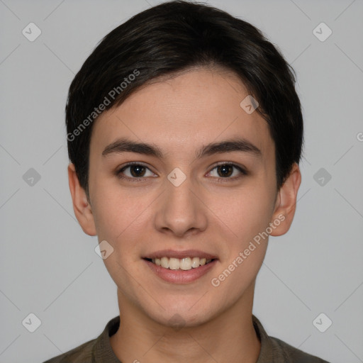 Joyful white young-adult female with short  brown hair and brown eyes