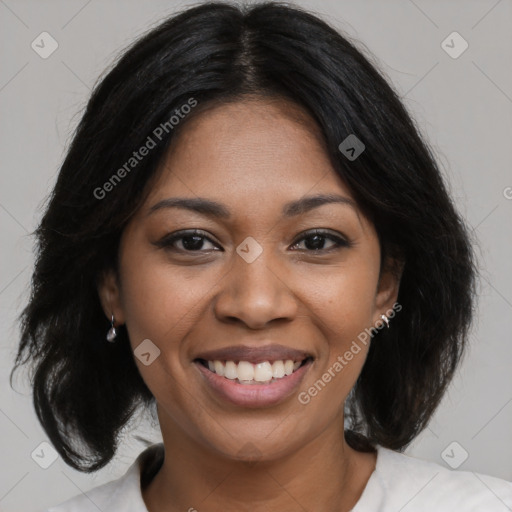 Joyful black young-adult female with medium  black hair and brown eyes