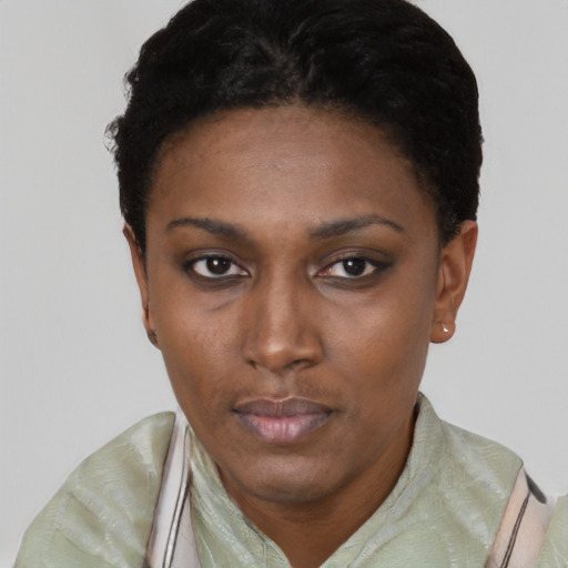 Neutral black young-adult female with short  black hair and brown eyes