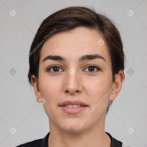 Neutral white young-adult female with short  brown hair and brown eyes