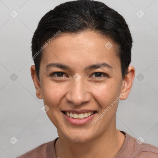 Joyful white young-adult female with short  brown hair and brown eyes