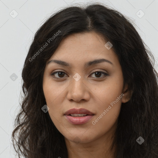 Joyful asian young-adult female with long  brown hair and brown eyes