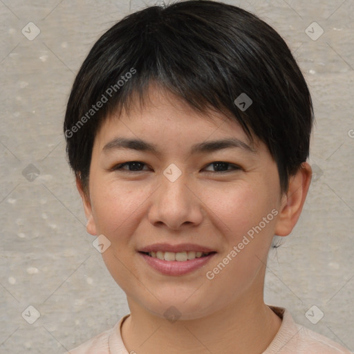 Joyful asian young-adult female with short  brown hair and brown eyes