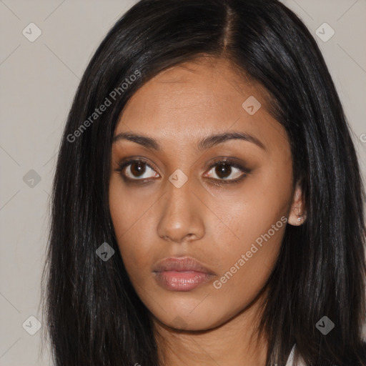 Neutral asian young-adult female with long  brown hair and brown eyes