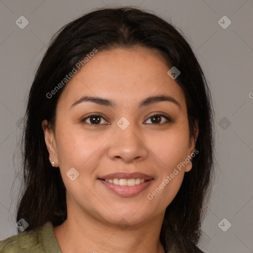 Joyful white young-adult female with medium  brown hair and brown eyes