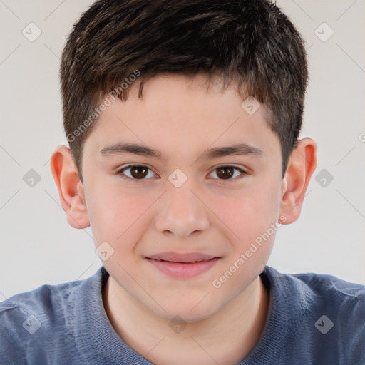 Joyful white child male with short  brown hair and brown eyes