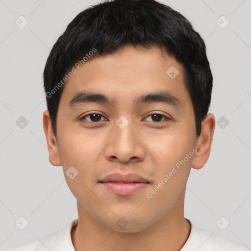 Neutral asian young-adult male with short  black hair and brown eyes