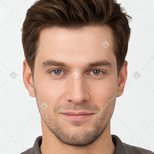 Neutral white young-adult male with short  brown hair and brown eyes