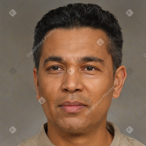 Neutral asian adult male with short  black hair and brown eyes