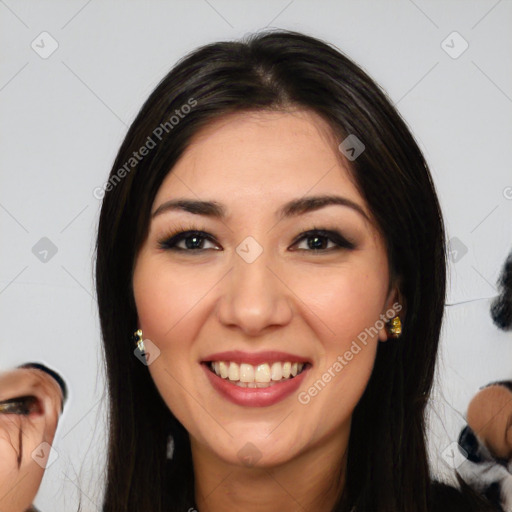 Joyful white young-adult female with medium  black hair and brown eyes