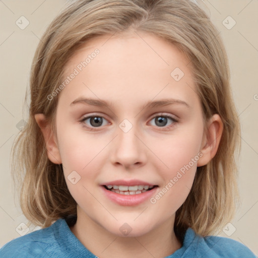 Joyful white child female with medium  brown hair and grey eyes