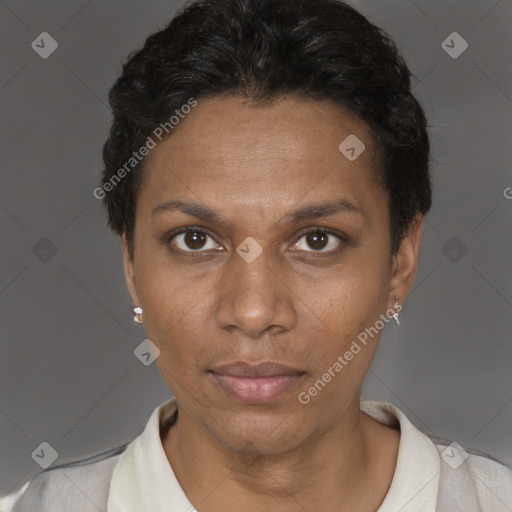 Neutral black adult female with short  brown hair and brown eyes