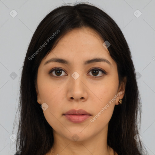 Neutral asian young-adult female with long  brown hair and brown eyes